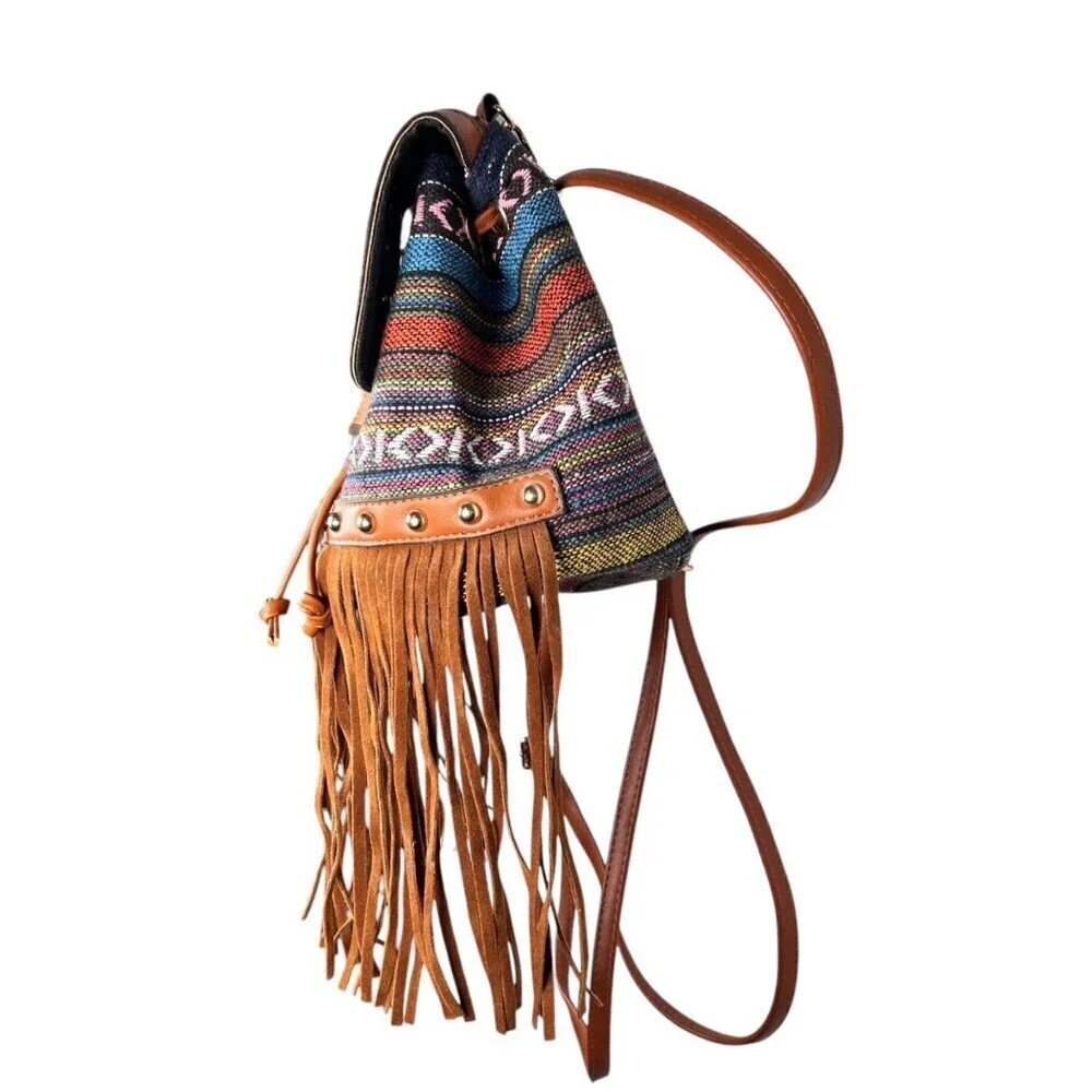 Boho Western Aztec Bucket Bag Fringe Backpack Crossbody Cinched Brown - Picture 4 of 8